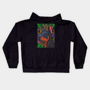 Black dog Doberman and machaon butterflies Kids Hoodie